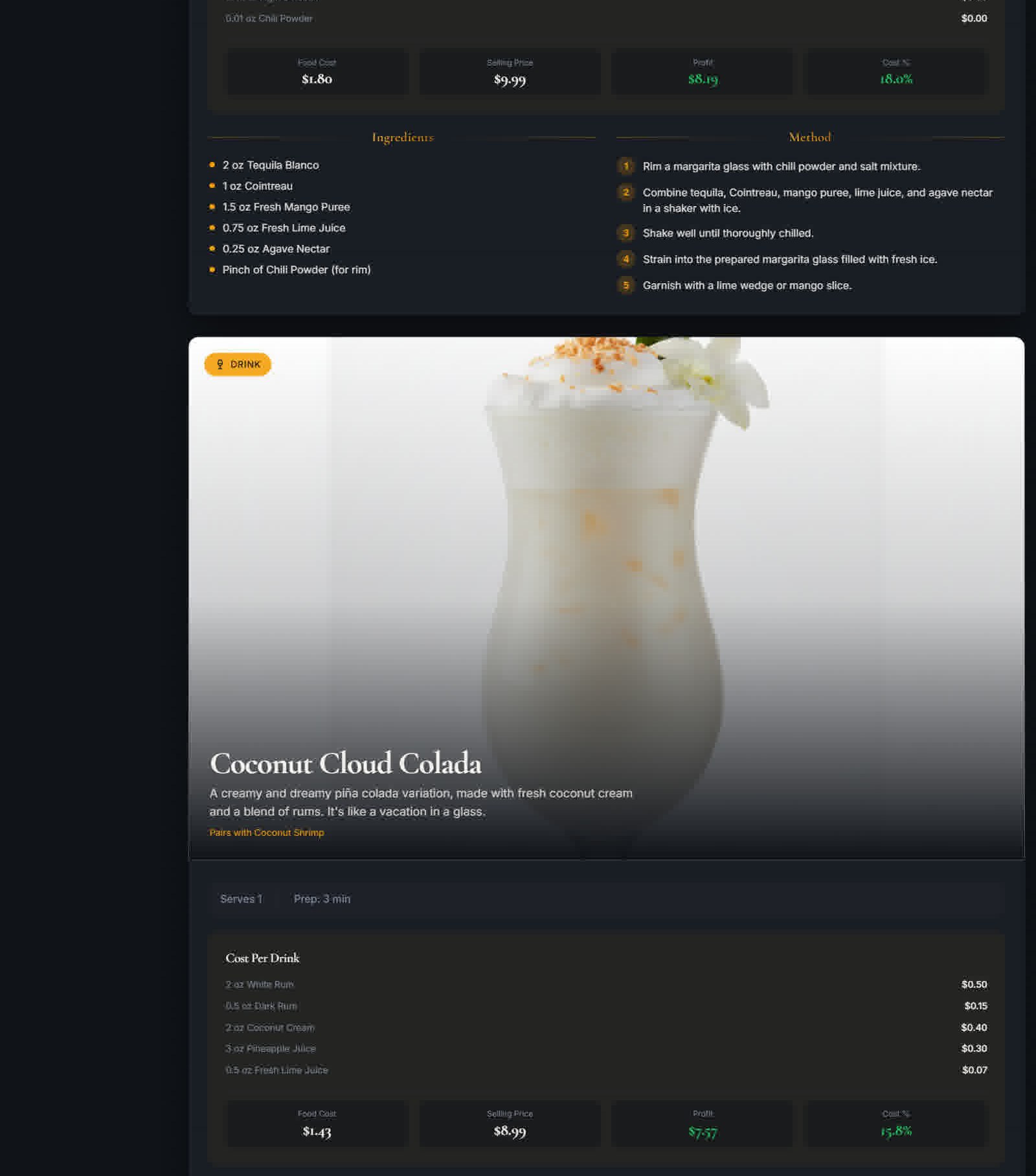 Coconut Cloud Colada cocktail card generated by Menu Magic
