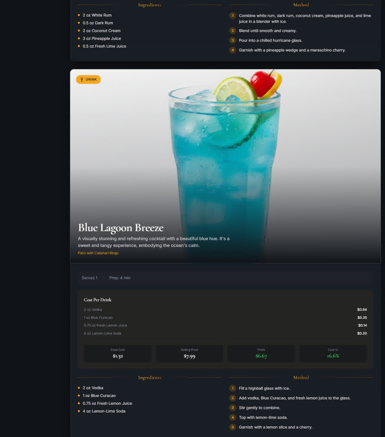 Blue Lagoon Breeze cocktail card generated by Menu Magic